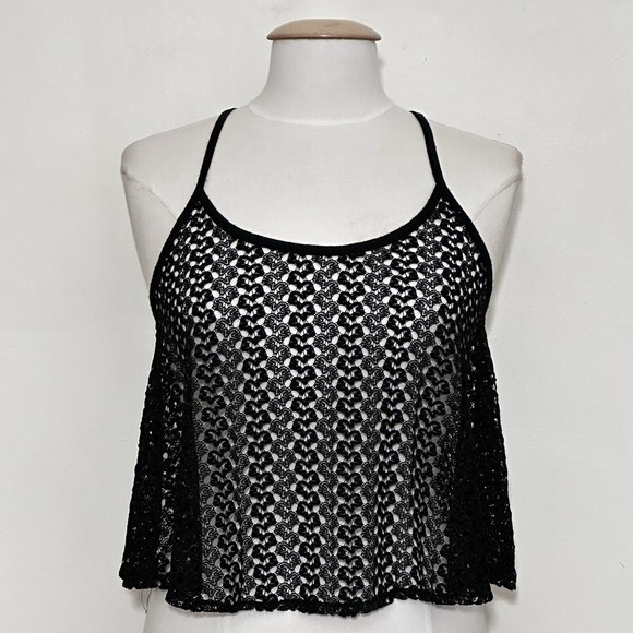 Vintage Y2K Womens Top L Black Sheer Lace A Line Crop Racer Back Tank Whimsigoth - Picture 2 of 11